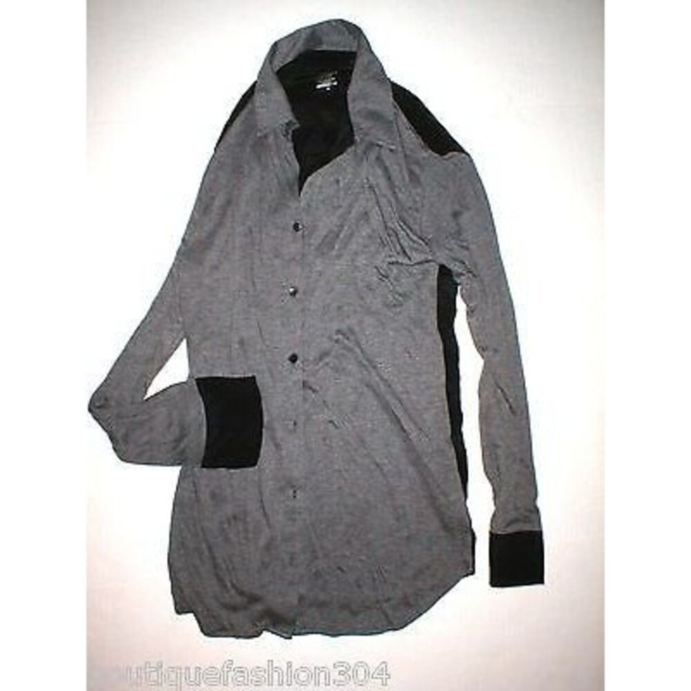 New Womens NWT Majestic Soft Gray Black Medium Silk Viscose Top Button Blouse